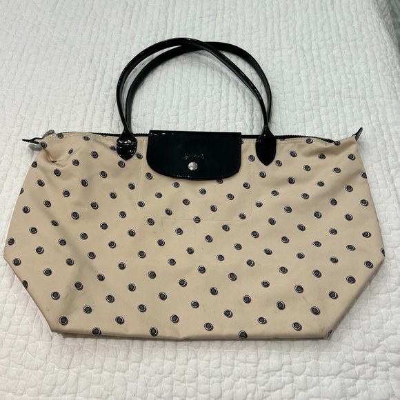 Longchamp Handbags - LONGCHAMP Taupe/Ivory Polka Dot Tote with Patent Detail